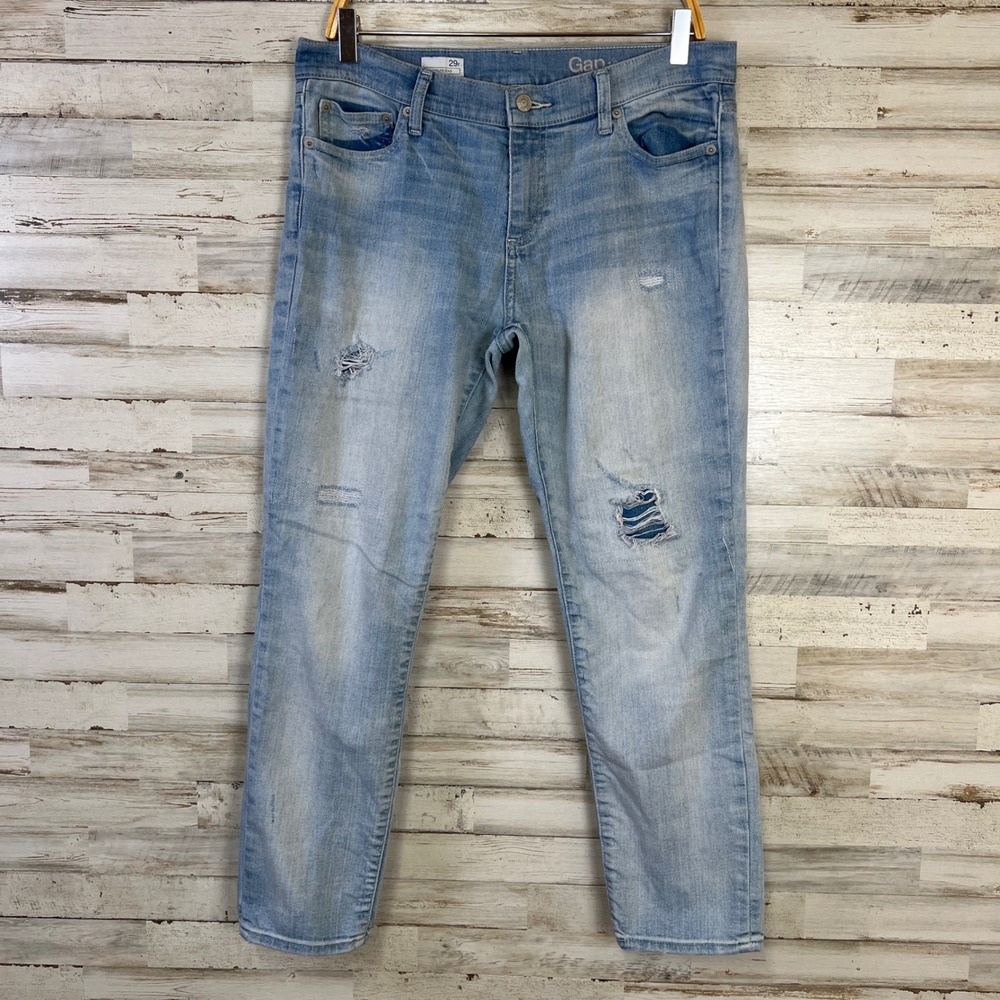 Gap 1969 Girlfriend Jeans Women 29 Reg Brooklyn Bleach Light Denim Distressed